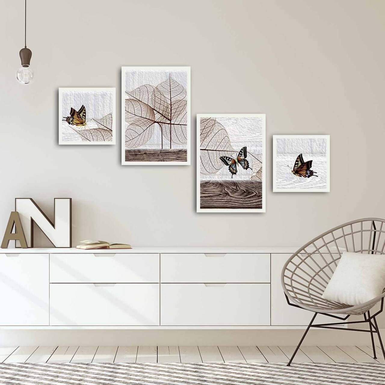 Set 4 tablouri decorative, Alpha Wall, Butterfly, 30x30/35x50 cm - imagine 3